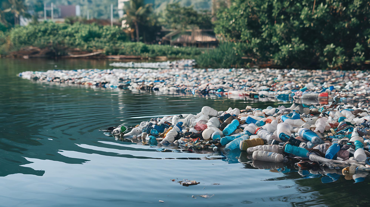 Plastic bottles and packaging washed up along a river bank